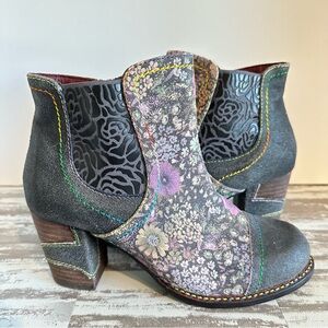 L'artiste Melvina Boots Womens 35 Floral Printed Suede Leather Heeled Boho Ankle